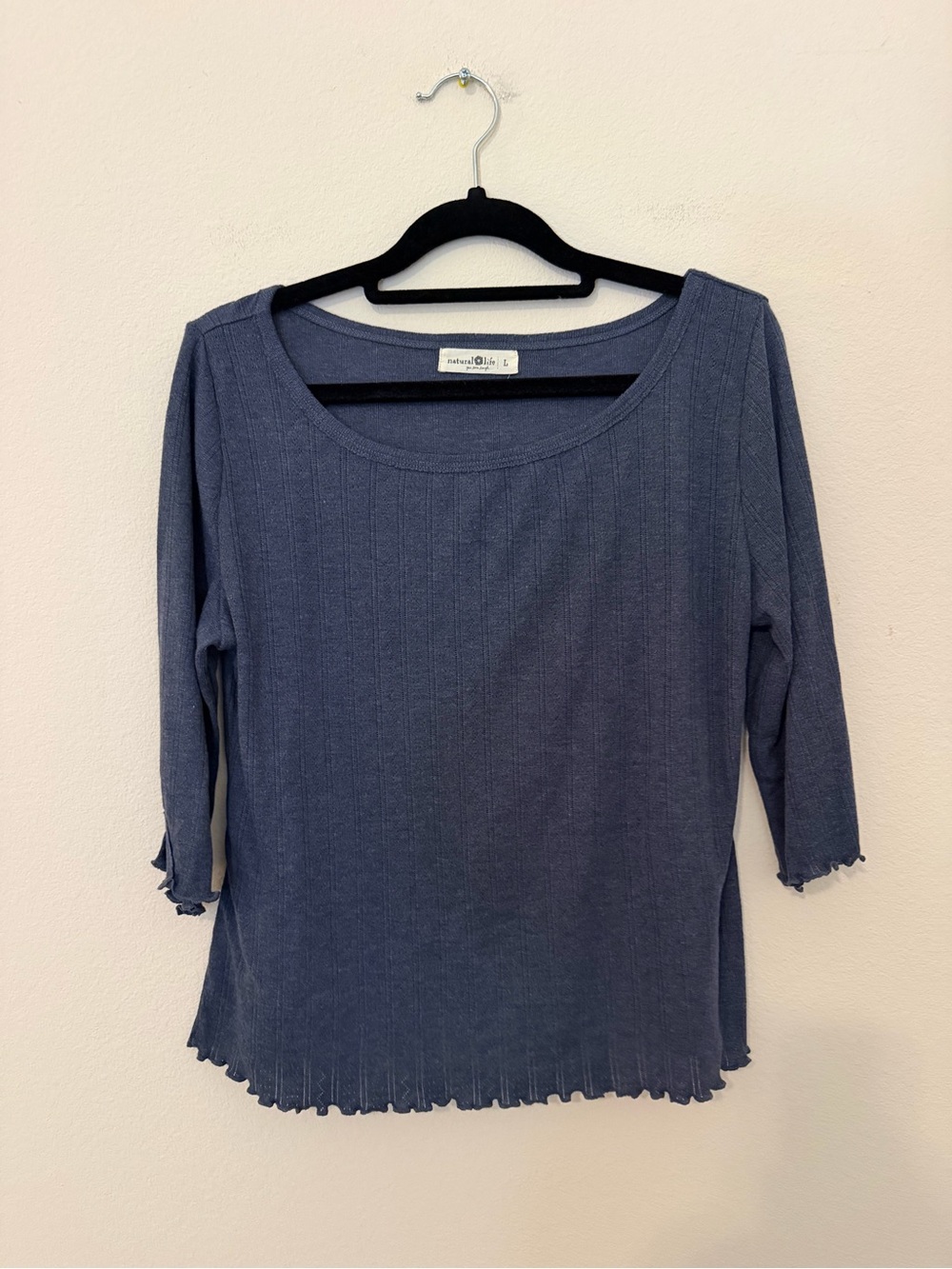 Natural Life Heather Blue Ribbed Scoop Neck Top Ribbed Size L Lettuce Hem